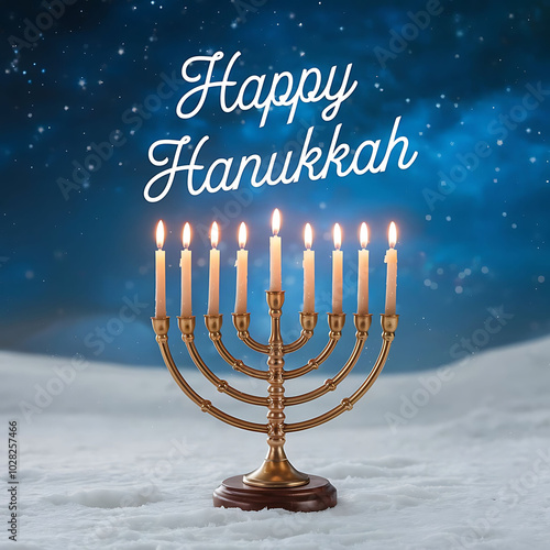 A post design with text happy hanukkah in a candles celebrating lights background photo