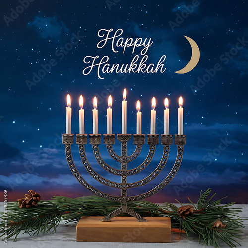 A post design with text happy hanukkah in a candles celebrating lights background photo