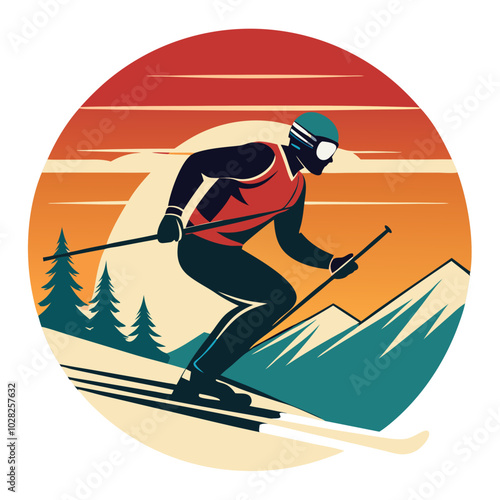 Skiing Down a Snowy Slope on Retro Vintage Background. Vector T-shirt design