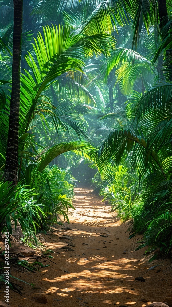 Sunbeams Through Tropical Rainforest Path Sunbeams Through Tropical Rainforest Path
