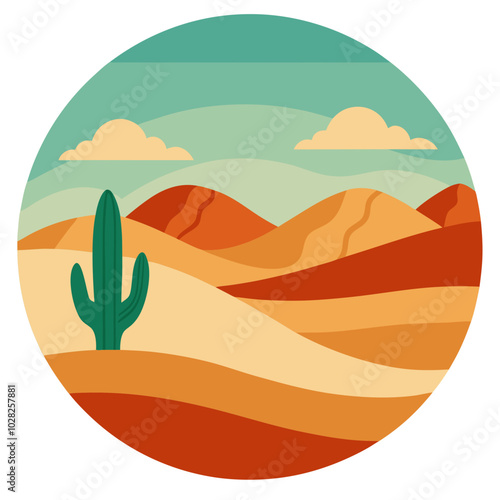 Desert with dunes and cactus tree on Retro Vintage Background. Vector t-shirt design