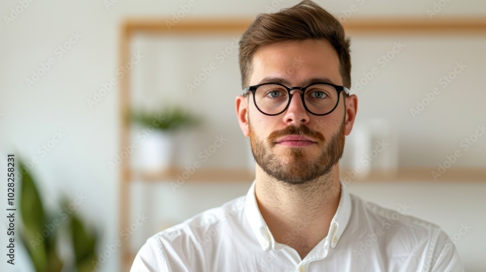 Young man with glasses and beard wearing white shirt, standing indoors with blurred background, plants. Casual style, modern look, thoughtful. Young man with glasses and beard wearing white shirt, standing indoors with blurred background, plants. Casual style, modern look, thoughtful.