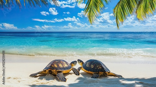 Two Sea Turtles on a Tropical Beach