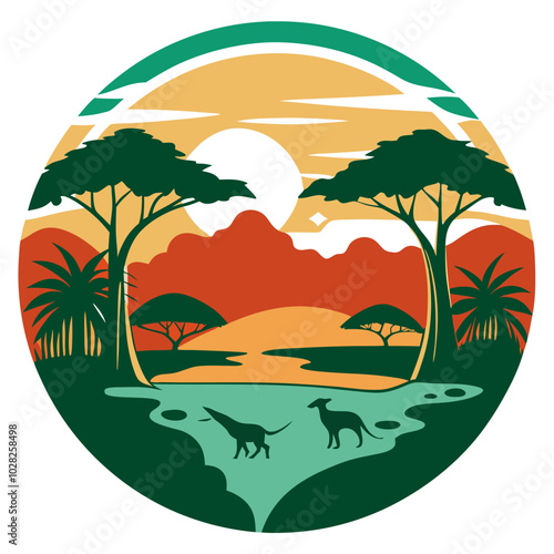 Rainforest Canopy silhouette with river and wildlife on retro vintage background. Vector T-shirt Design.