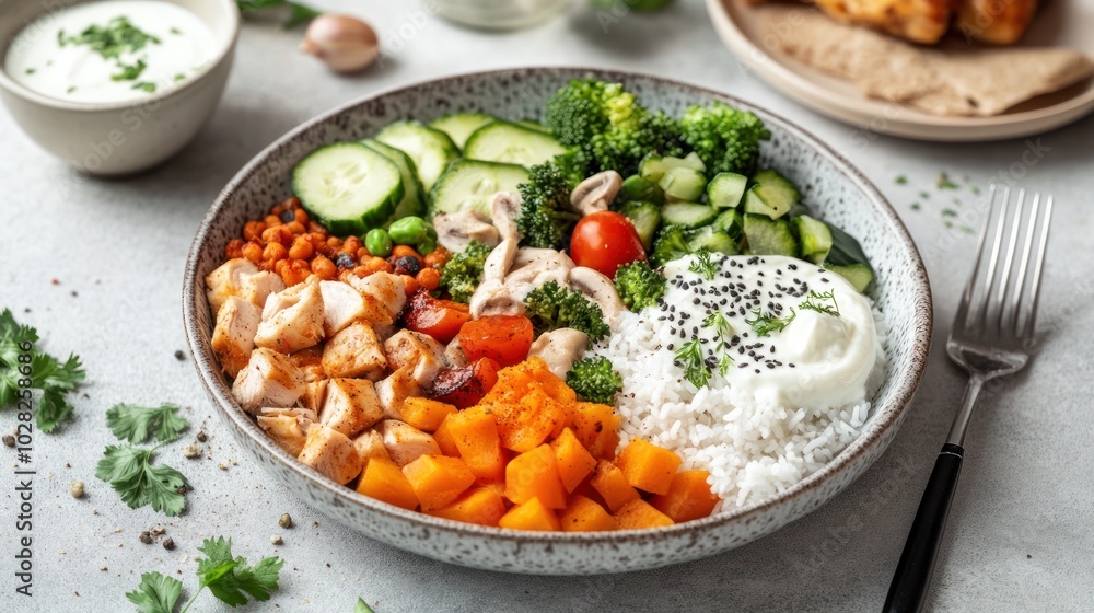 A colorful, nutritious bowl featuring chicken, vegetables, and rice for a healthy meal. A colorful, nutritious bowl featuring chicken, vegetables, and rice for a healthy meal.