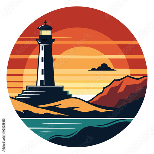 Lighthouse silhouette on the coastal shoreline on a retro vintage background. Vector t-shirt design.