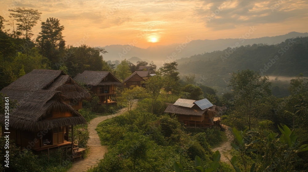 A rural eco-tourism project in Asia, where visitors stay in solar-powered lodges, help with reforestation efforts, and learn about local wildlife conservation from guides A rural eco-tourism project in Asia, where visitors stay in solar-powered lodges, help with reforestation efforts, and learn about local wildlife conservation from guides