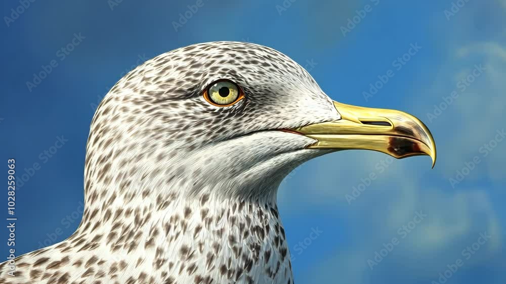 A close-up of a seagull's head against a blue sky A close-up of a seagull's head against a blue sky