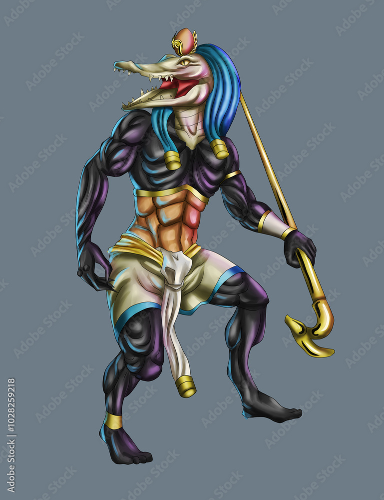 Fototapeta premium The crocodile warrior with a black skin