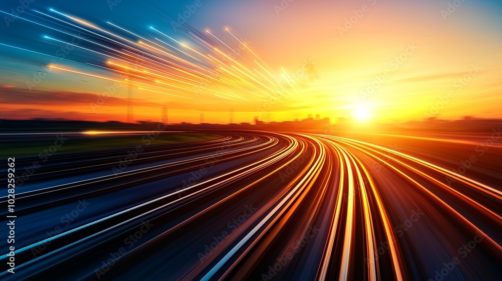 Vibrant sunset illuminating dynamic train tracks, showcasing movement and tranquility in a serene landscape. Vibrant sunset illuminating dynamic train tracks, showcasing movement and tranquility in a serene landscape.