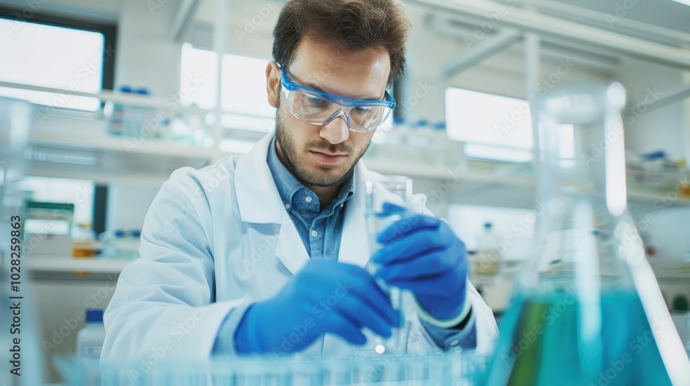 Scientist conducting experiments in a modern laboratory, wearing safety goggles and gloves, focused on chemical research and development. Scientist conducting experiments in a modern laboratory, wearing safety goggles and gloves, focused on chemical research and development.