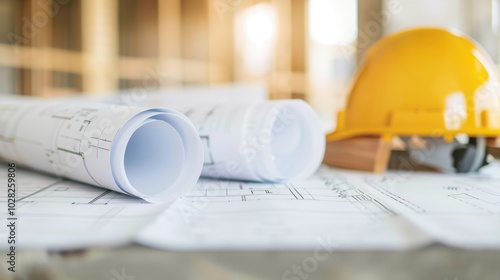 Rolled-up blueprints on a construction site table with a yellow hard hat, representing architecture and building planning.