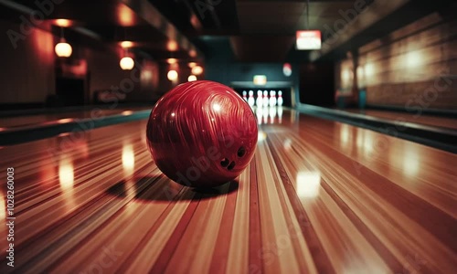 A red bowling ball on a polished wooden lane in a bowling alley.