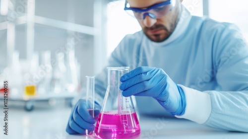 Scientist in laboratory analyzing colorful liquid solution in beaker, wearing protective gloves and goggles for safe chemical experimentation.