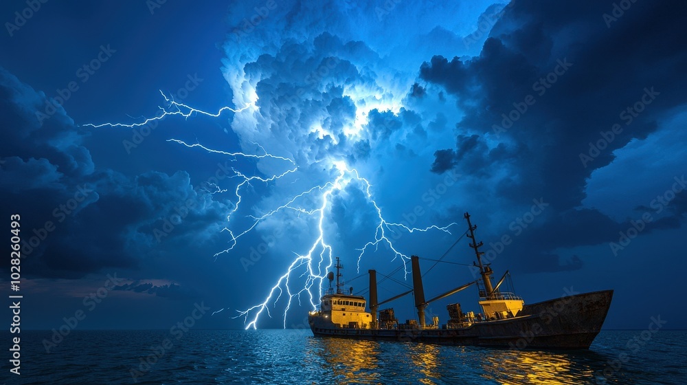 Fototapeta premium Ship In A Lightning Storm Over The Ocean At Night
