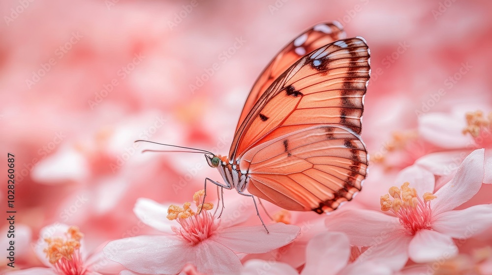 A peach butterfly gracefully rests on pink blooms, blending harmoniously with a soft, minimal backdrop. Natures charm shines here. A peach butterfly gracefully rests on pink blooms, blending harmoniously with a soft, minimal backdrop. Natures charm shines here.