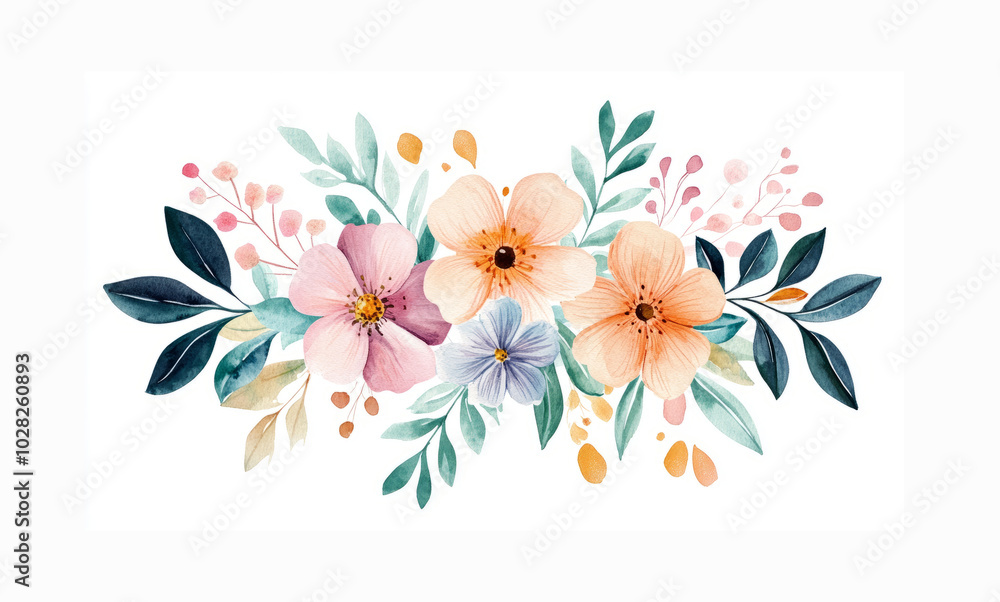 Obraz premium Watercolor colorful floral bouquet isolated on white background, Perfect wedding stationary, greetings, fashion, background