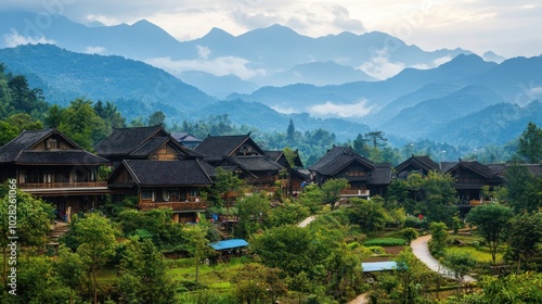 A traditional Asian village nestled in the mountains, where tourists can stay with local families, participate in daily farming activities, and learn about traditional crafts and cooking