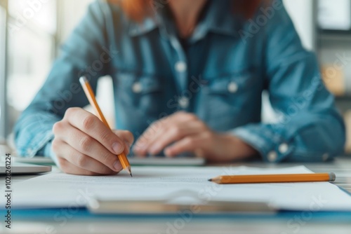 Woman writing notes in a notebook with a pencil, focusing on creativity and productivity in a casual workspace.