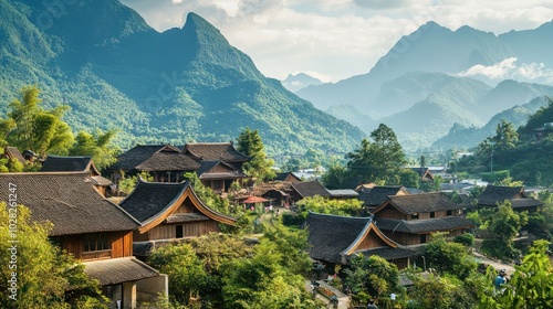 Wallpaper Mural A traditional Asian village nestled in the mountains, where tourists can stay with local families, participate in daily farming activities, and learn about traditional crafts and cooking Torontodigital.ca
