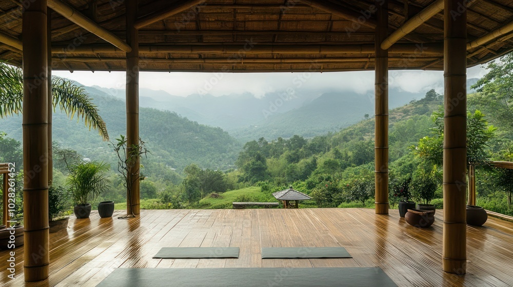 A tranquil wellness retreat in the hills of Asia, where visitors practice yoga and meditation in a serene bamboo pavilion surrounded by lush greenery and mountain views