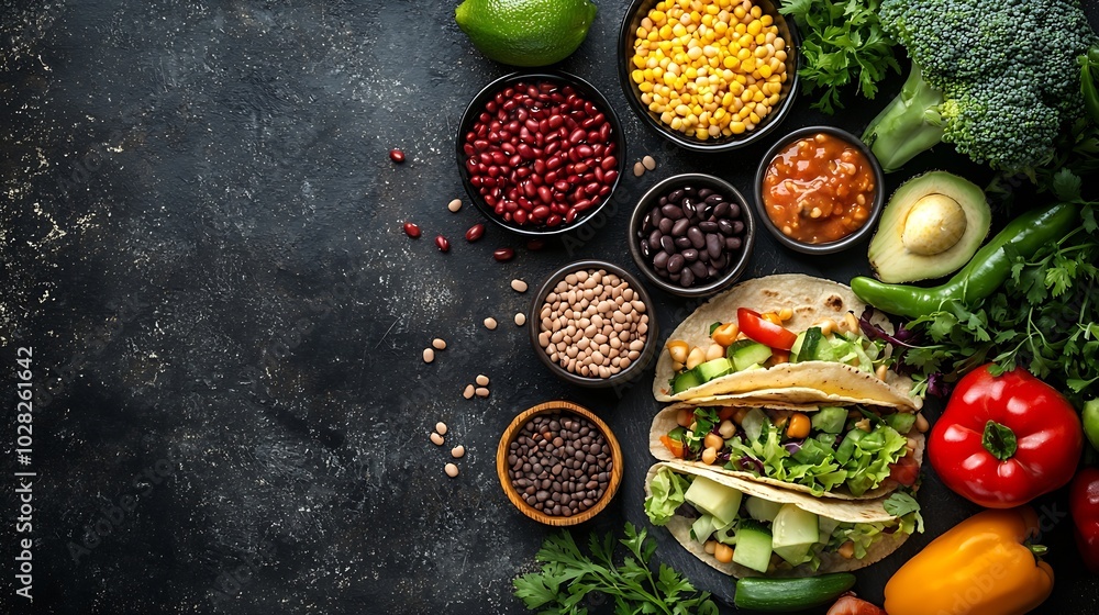 Taco with mixed vegetables beans on cutting board Grey background Copy space Top view : Generative AI Taco with mixed vegetables beans on cutting board Grey background Copy space Top view : Generative AI