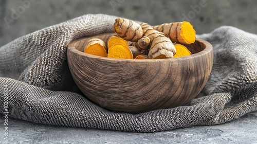 Fresh and dried turmeric roots in a wooden bowl Grey textile background : Generative AI photo