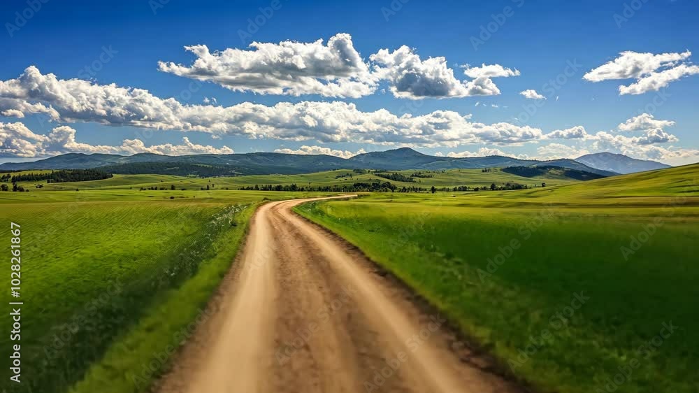 A dirt road winds through a grassy valley on a sunny day with blue skies and white clouds A dirt road winds through a grassy valley on a sunny day with blue skies and white clouds