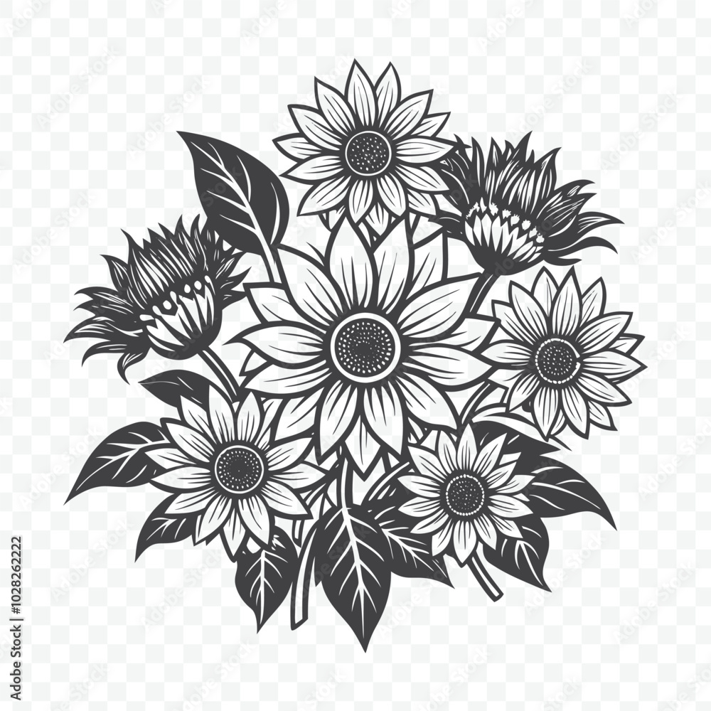 Floral Bunch Featuring Sunflower Silhouette in Detailed Vector Art Illustration Floral Bunch Featuring Sunflower Silhouette in Detailed Vector Art Illustration