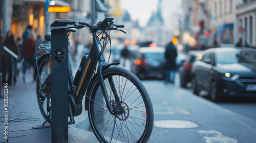 Electric bike charging at a public station in the city, with a busy street scene in the background, emphasizing eco-friendly transportation