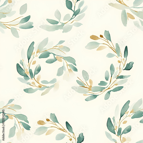 Simple watercolor Christmas wreaths, muted green and gold, soft focus, on a plain cream background, seamless repeat
