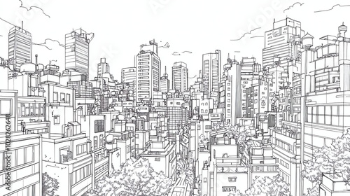 A black and white line drawing of a city skyline with buildings and trees.