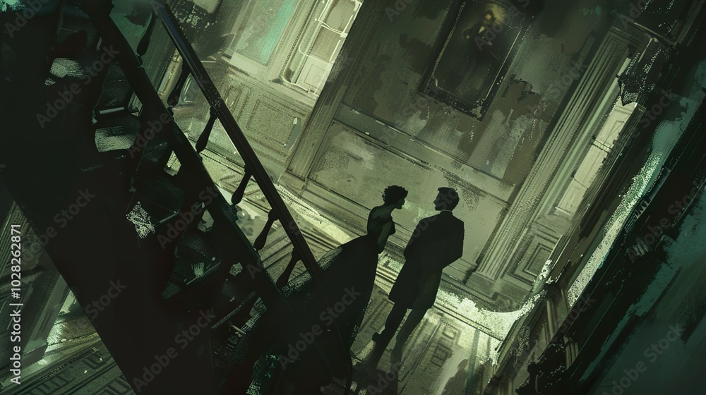 A Couple Stands on a Grand Staircase in a Historical Mansion A Couple Stands on a Grand Staircase in a Historical Mansion
