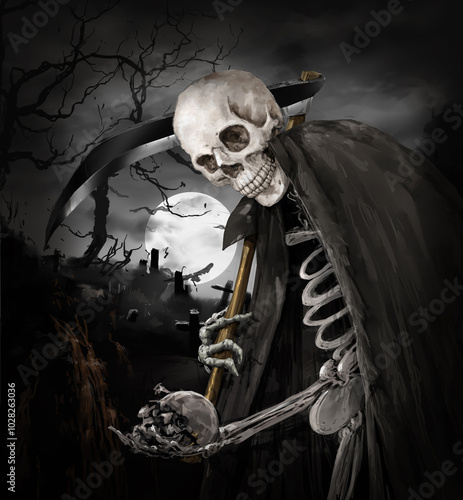 illustration painting of Creepy human skull for horror, Halloween or death themed concepts, digital art style