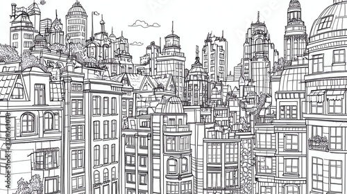 A black and white line drawing of a city skyline with tall buildings and trees.