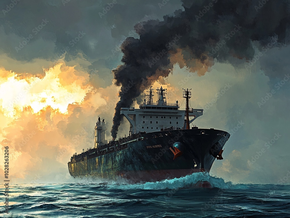 2408 89.A massive cargo ship cruising through the ocean, releasing dark exhaust gas from its towering chimneys. The smoke billows into the sky, symbolizing the environmental impact of transportation 2408 89.A massive cargo ship cruising through the ocean, releasing dark exhaust gas from its towering chimneys. The smoke billows into the sky, symbolizing the environmental impact of transportation