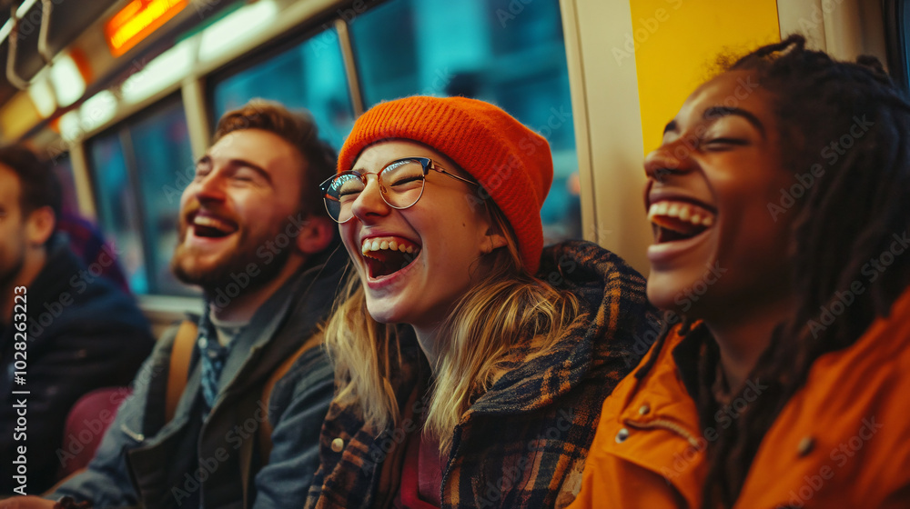 A group of friends enjoying a train journey with laughter. A group of friends enjoying a train journey with laughter.