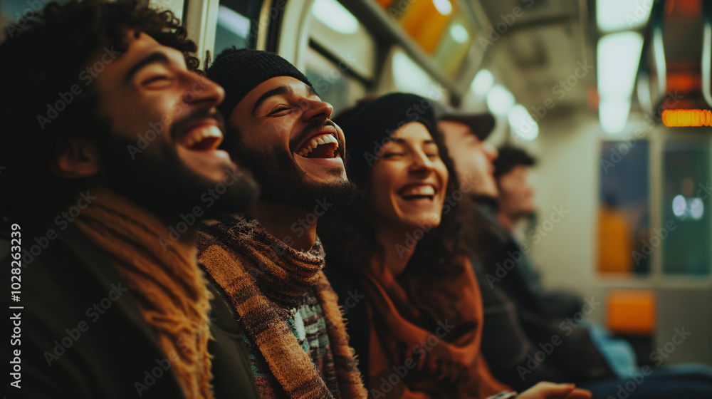 A group of friends enjoying a train journey with laughter. A group of friends enjoying a train journey with laughter.