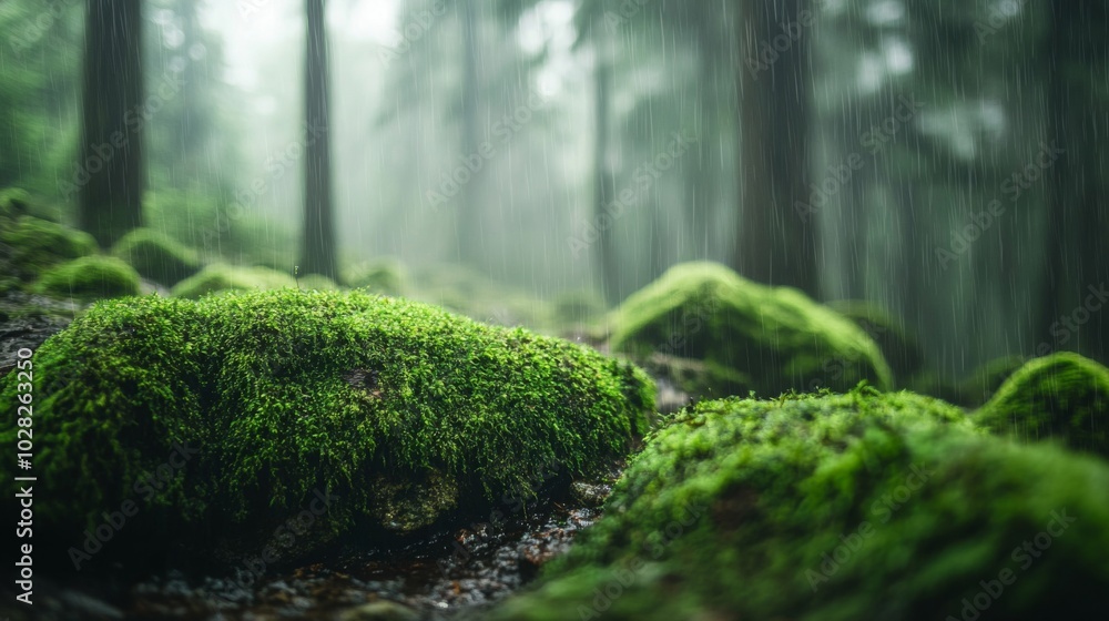 Rain-Soaked Mossy Rocks in a Misty Forest Rain-Soaked Mossy Rocks in a Misty Forest
