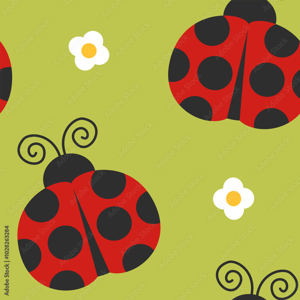 Obraz premium red ladybug with little cherry blossom flowers seamless pattern