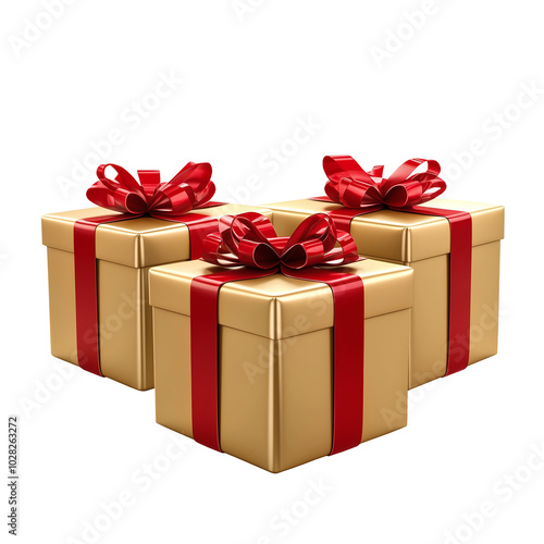 Gold gift boxes with red ribbon and red bow on transparent background, PNG