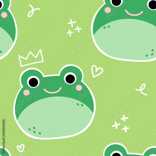 cute green frog cartoon character doodle seamless pattern