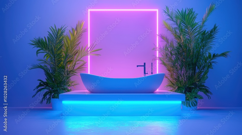 Fototapeta premium Modern Bathroom Interior Design with Freestanding Tub and Neon Lights
