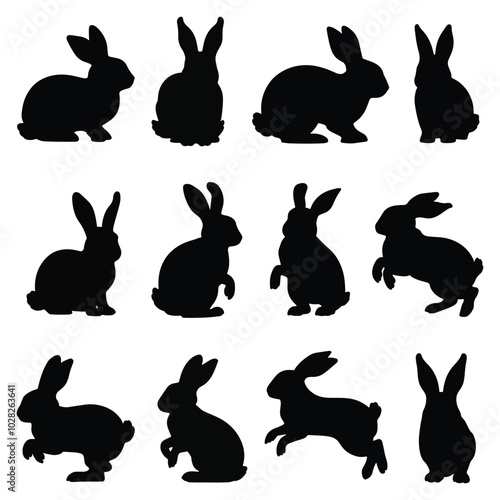Twelve Black Rabbit Silhouettes in Various Poses