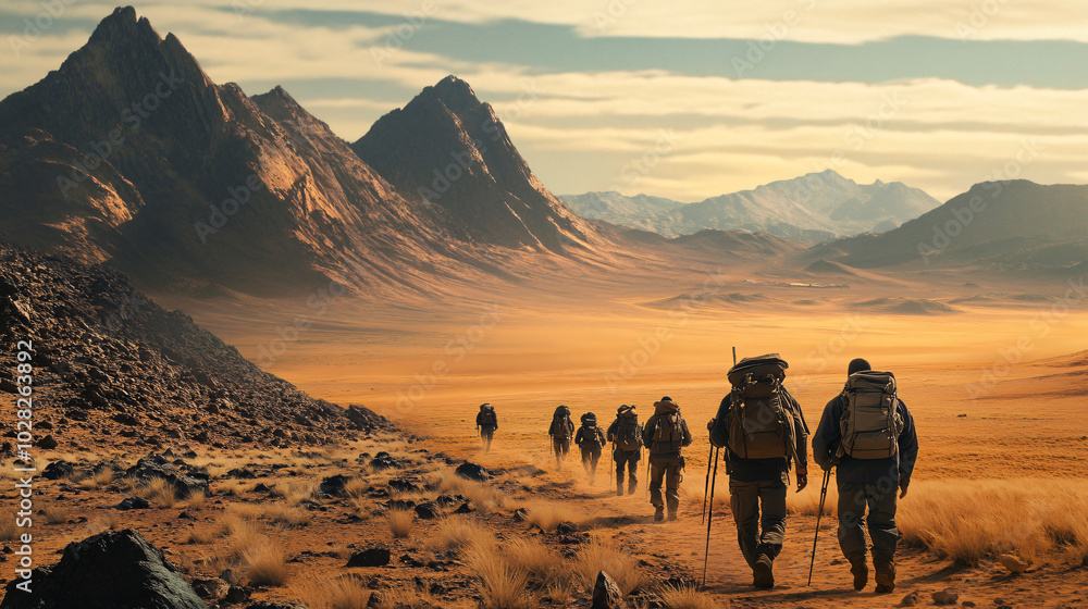 A group of explorers trekking through a remote desert area. A group of explorers trekking through a remote desert area.