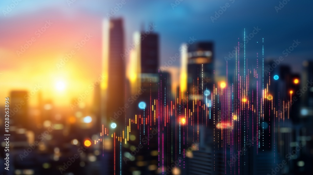 Obraz premium A vibrant cityscape at sunset, featuring abstract data visualizations that represent growth and connectivity in a futuristic setting.