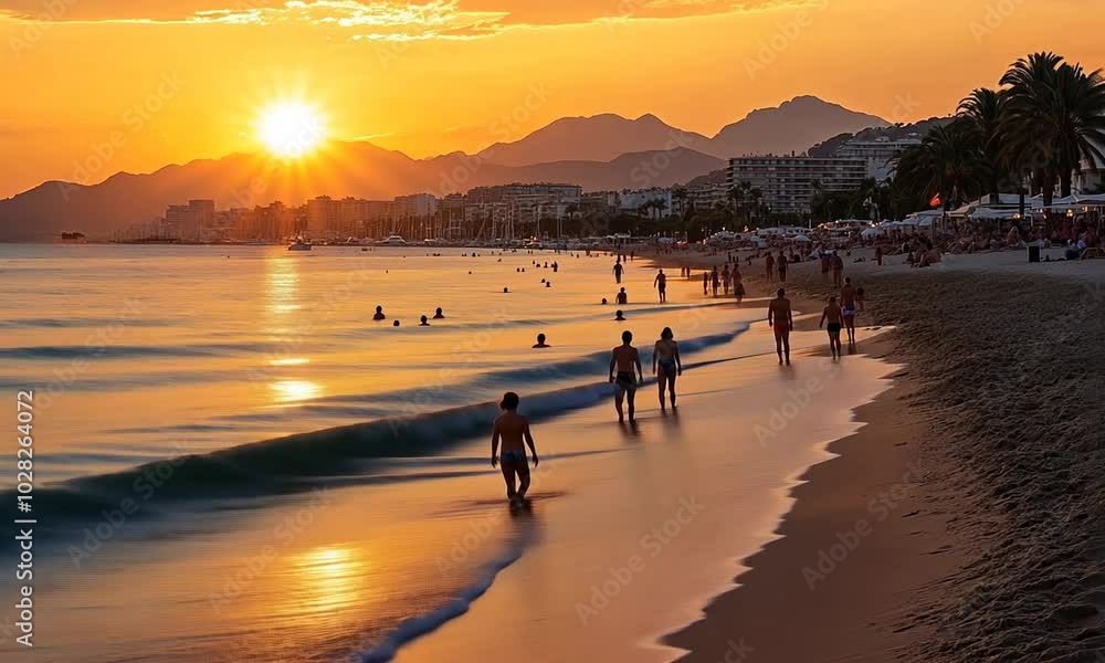 A serene beach scene at sunset with silhouettes of people enjoying the water and shoreline. A serene beach scene at sunset with silhouettes of people enjoying the water and shoreline.