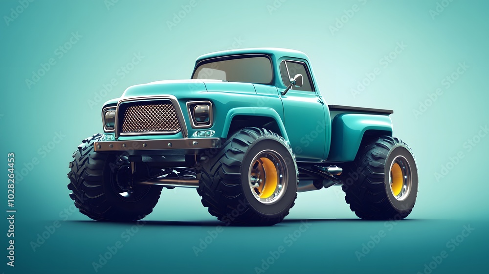 Teal Pickup Truck with Large Tires on a Turquoise Background