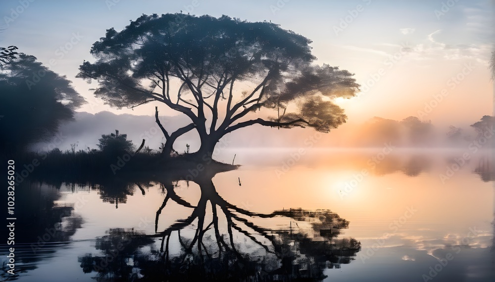 Fototapeta premium solitary tree reflected in the still waters of a foggy lake at sunrise