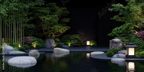 Wallpaper Mural Tranquil Japanese Garden at Night with Stone Lanterns and Pond Torontodigital.ca